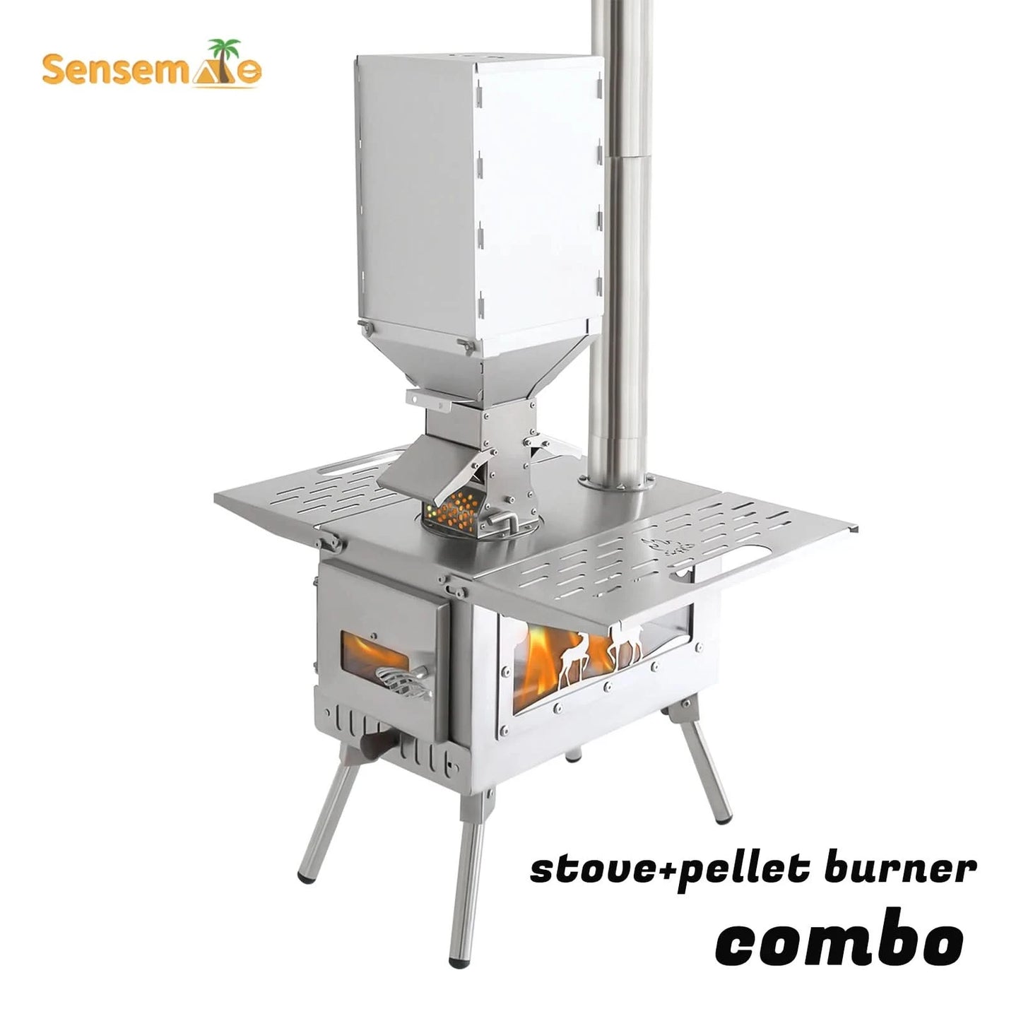 Camping Wood Stove Fire View Side Glass Portable Folding Wood Burner with Chimney Stainless Steel Tent Heater for Ice Fishing