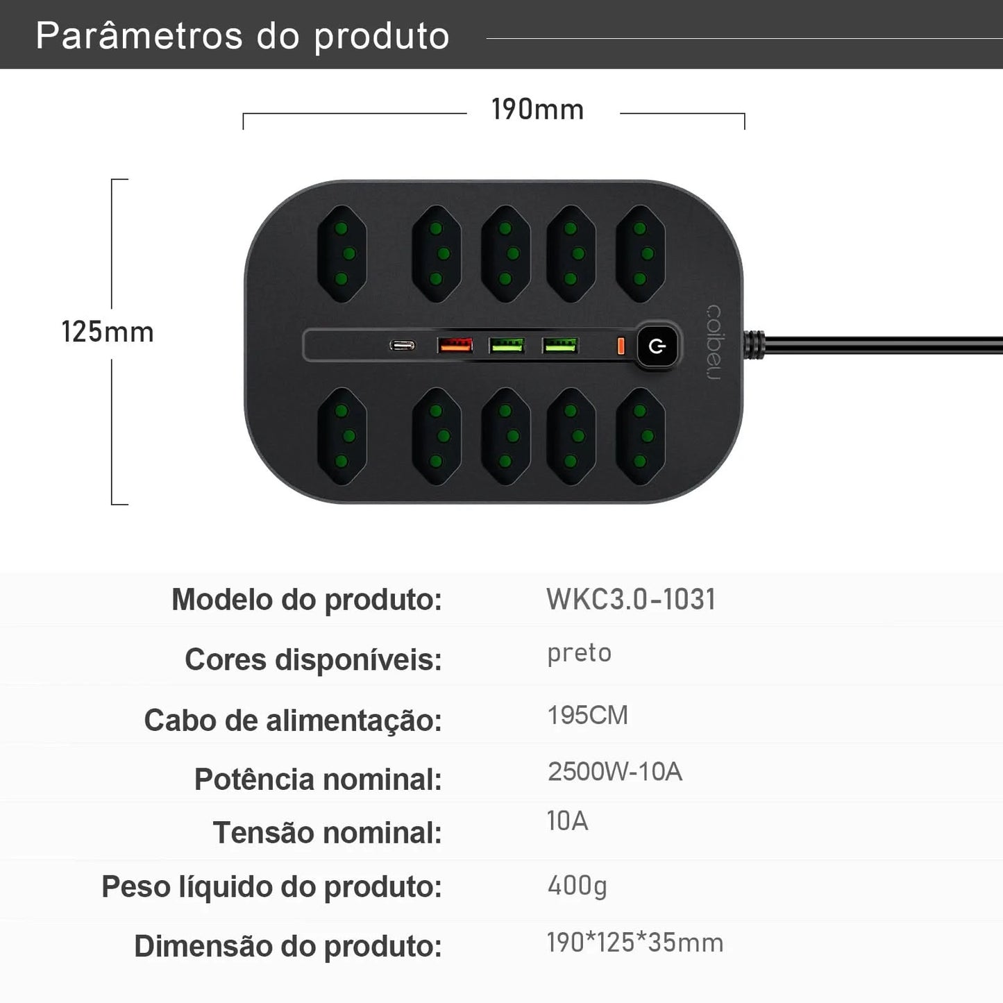 Verlängerungssteckdose, Steckdosenleiste, USB-Steckdose, Überspannungsschutz, Mehrfachsteckdose, 10A, 110-220V