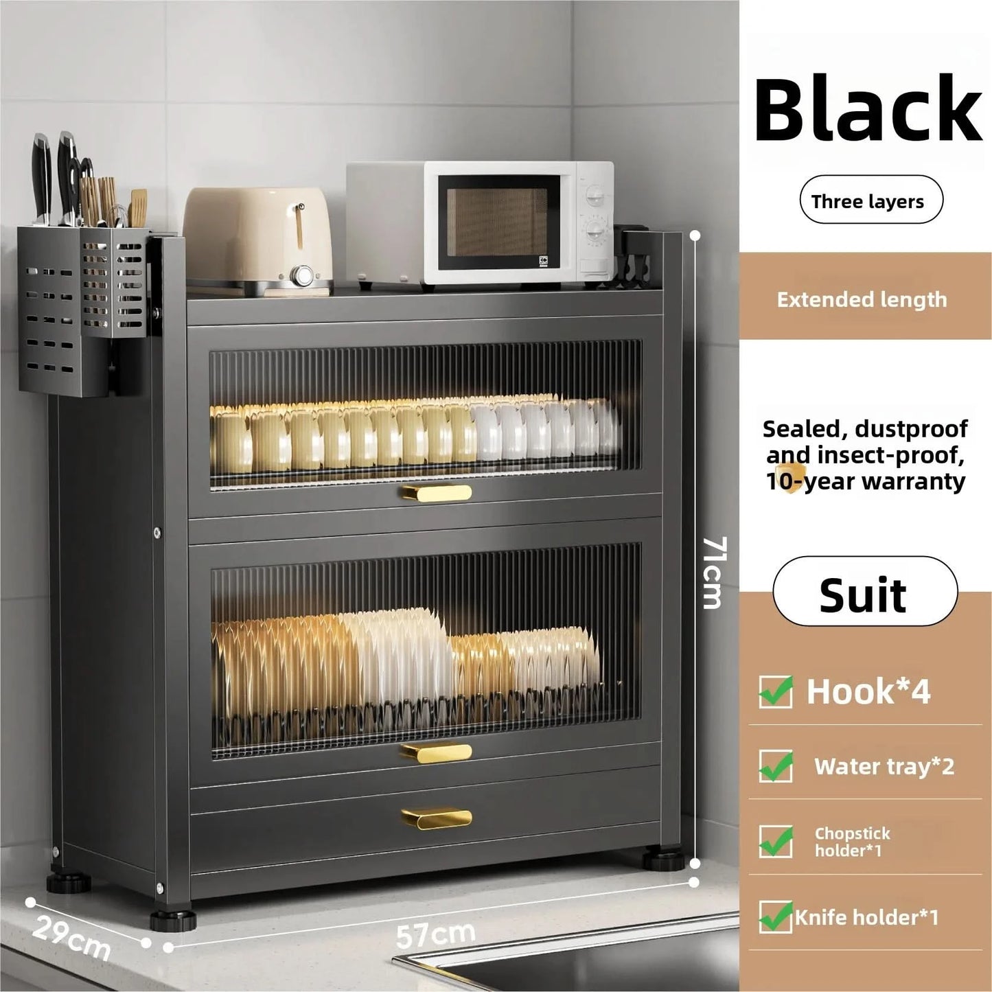 Kitchen cupboard storage box with door, dust-proof bowl rack, countertop, dish storage rack, chopsticks, dishes, drain rack