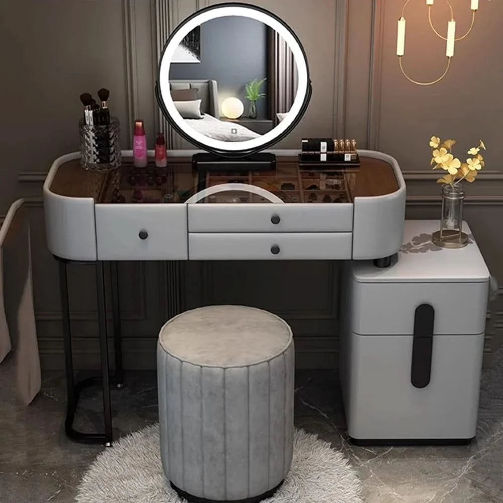 Luxury Jewelery Storage Dressing Table Glass Top Girls Unique Makeup Mirror Beauty Dressing Table Light White Muebles Decoration
