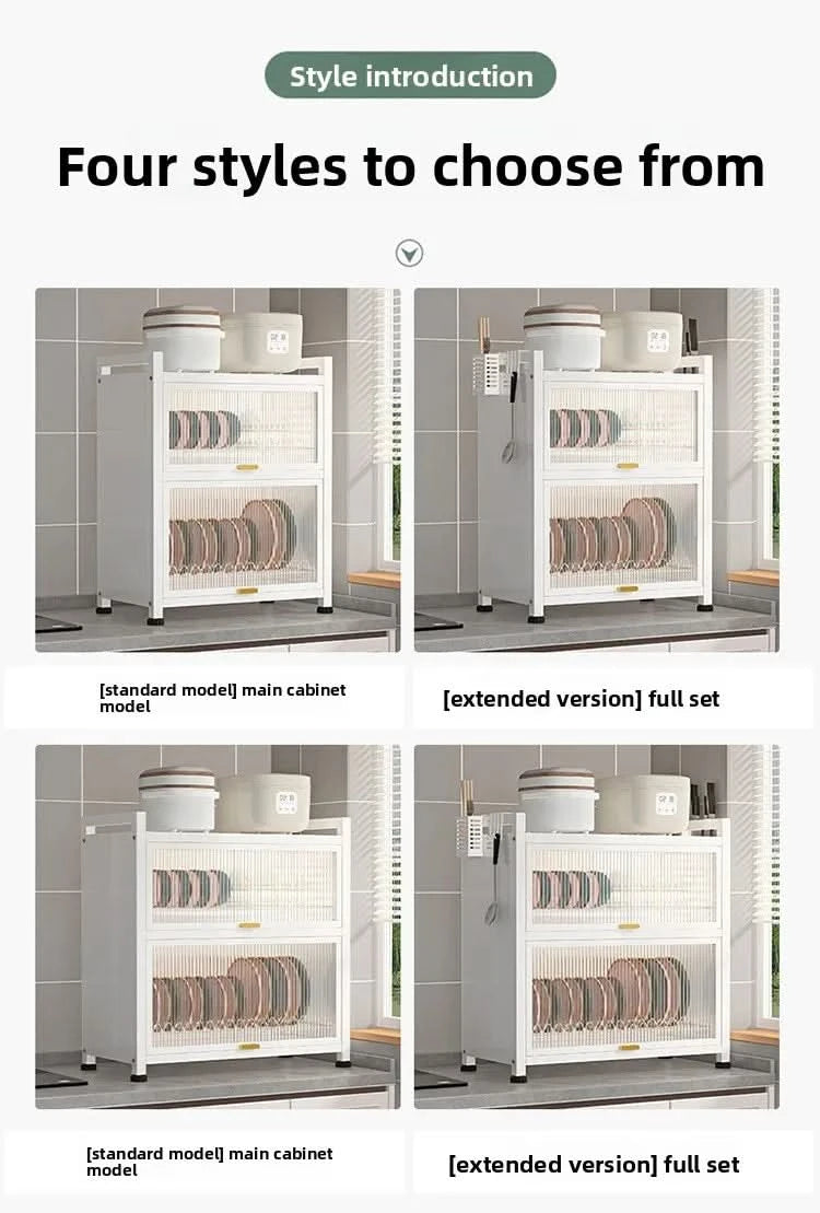 Kitchen cupboard storage box with door, dust-proof bowl rack, countertop, dish storage rack, chopsticks, dishes, drain rack