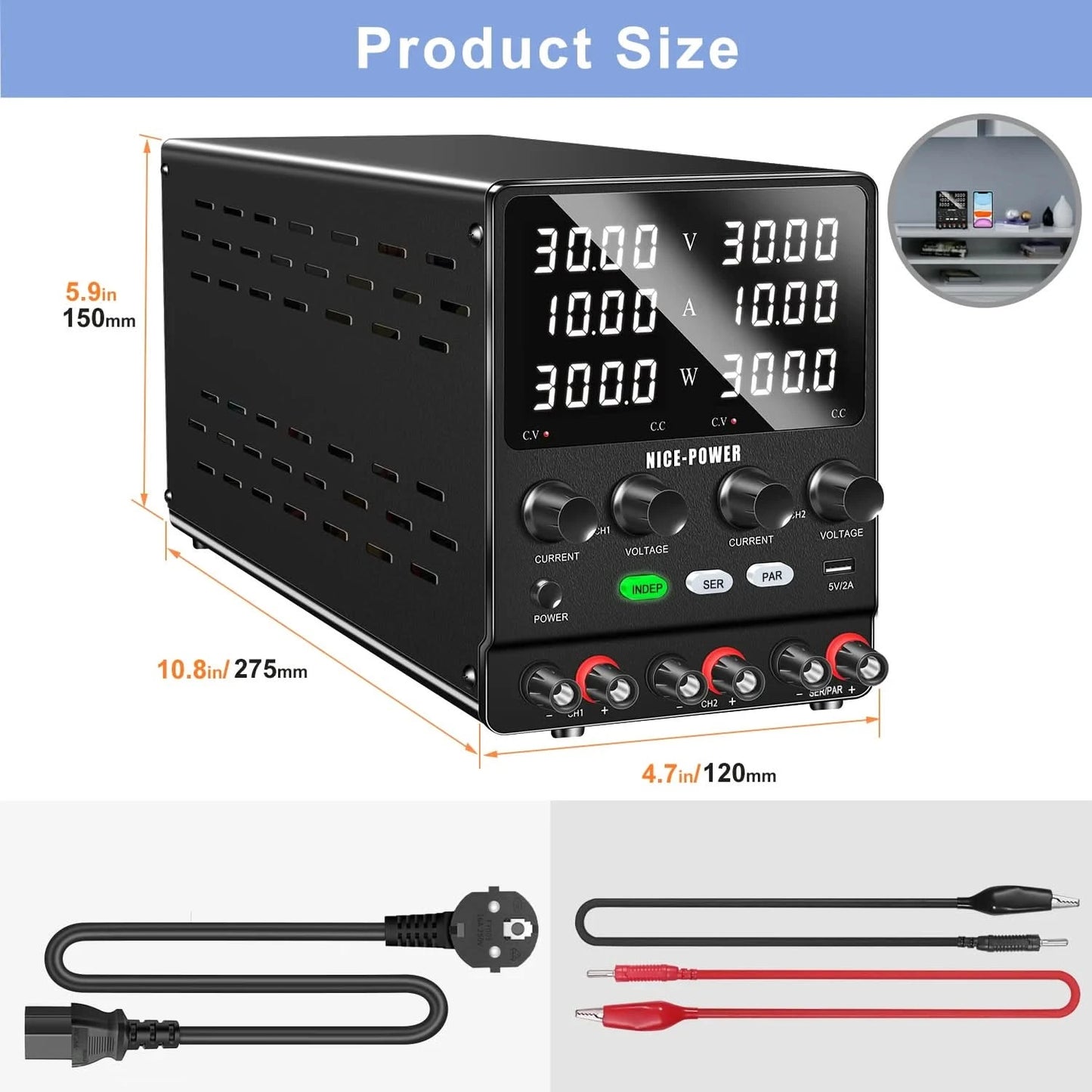 NICE-POWER 30V 10A Dual-Channel DC Lab Power Supply 60V 120V 240V Double Bench Power Source Positive & Negative Voltage Output