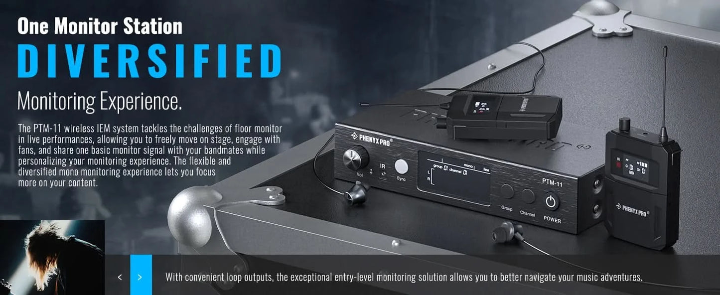 UHF Mono Wireless In-Ear Monitor System w/1 Loop Output,Separate Outputs Suitable for Band and Studio Phenyx Pro PTM-11