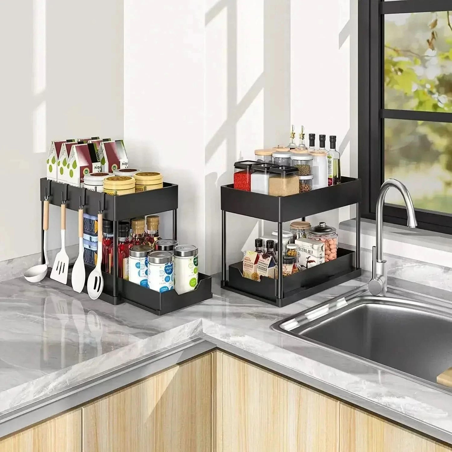 Two-level Pull-down Sink Shelving Sliding Cabinet Basket Shelving Storage Shelf Hanging Cup Bathroom Kitchen Shelving