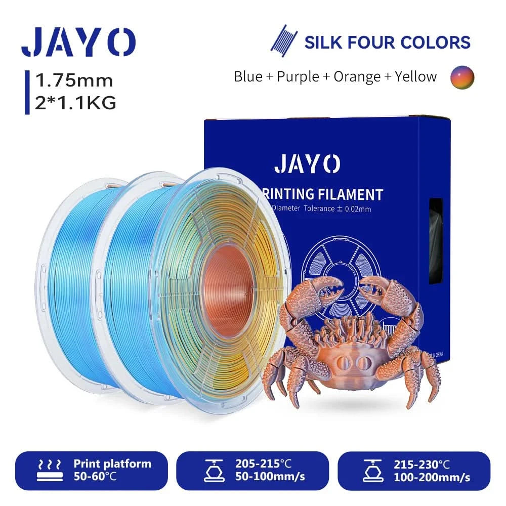 JAYO 3D Multicolor 4-Color Silk PLA+ Filament Bundle Silk PLA+ 3D Printer Filament 1.75mm +/- 0.02mm Shiny Silk Texture 2Rolls