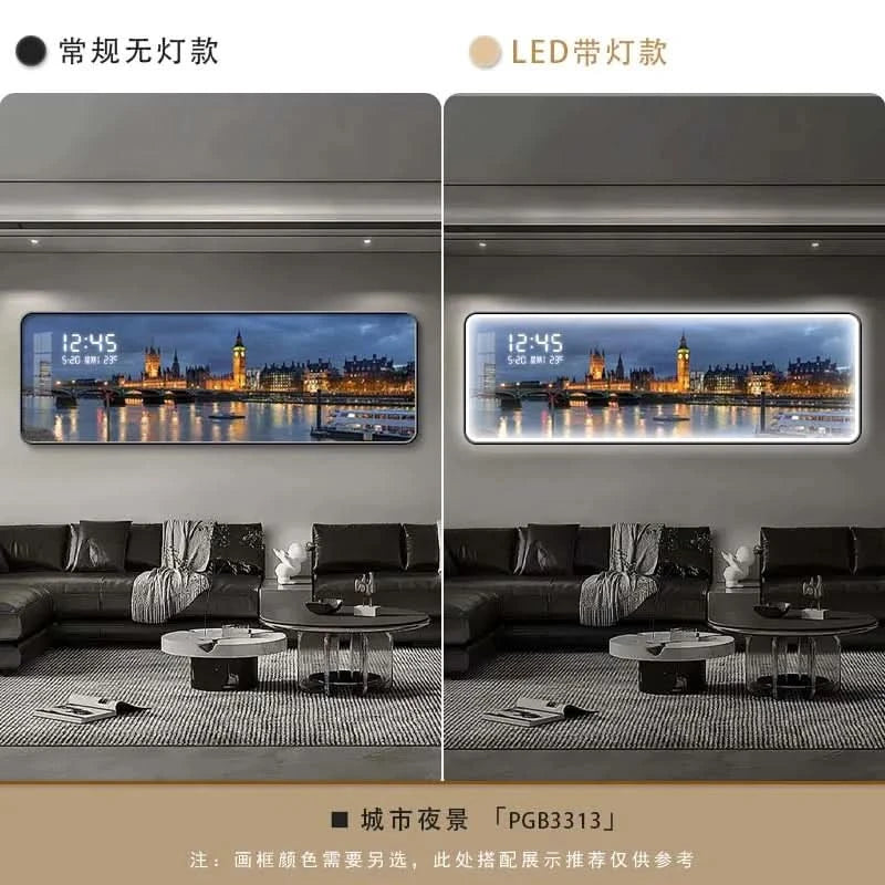 Modern Urban Night Scene Bedroom Bed Head Hanging Art Electronic Clock Landscape Architecture Living Room Sofa Background Wall D