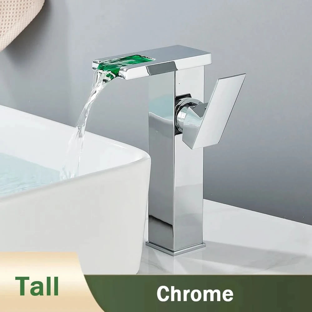 Rozin LED Bathroom Basin Faucet Black Waterfall Sink Faucets Hydroelectric LED Deck Mounted Crane Hot Cold Water Mixer Tap