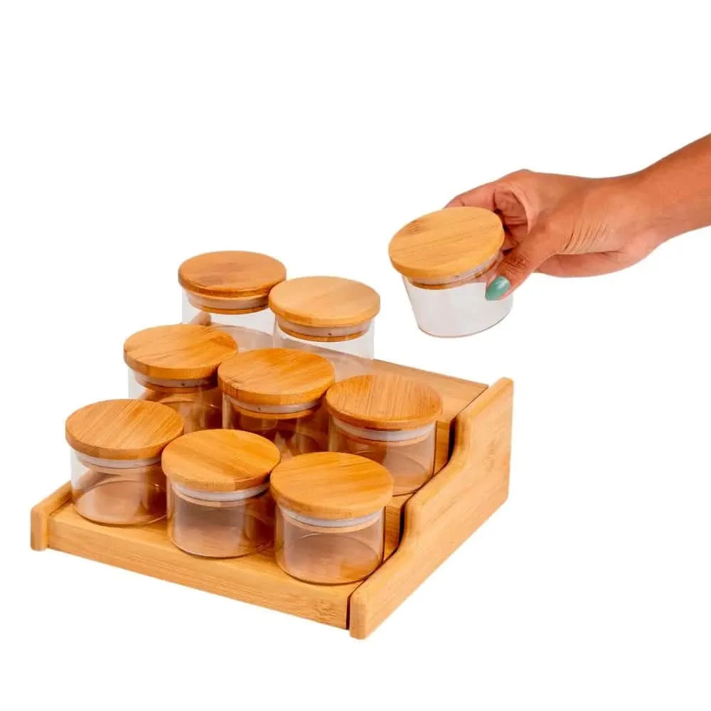 110 ml luftdichtes 9-er Set mit Bambusdeckel und Bambus-Organizer-Rack – Oikos