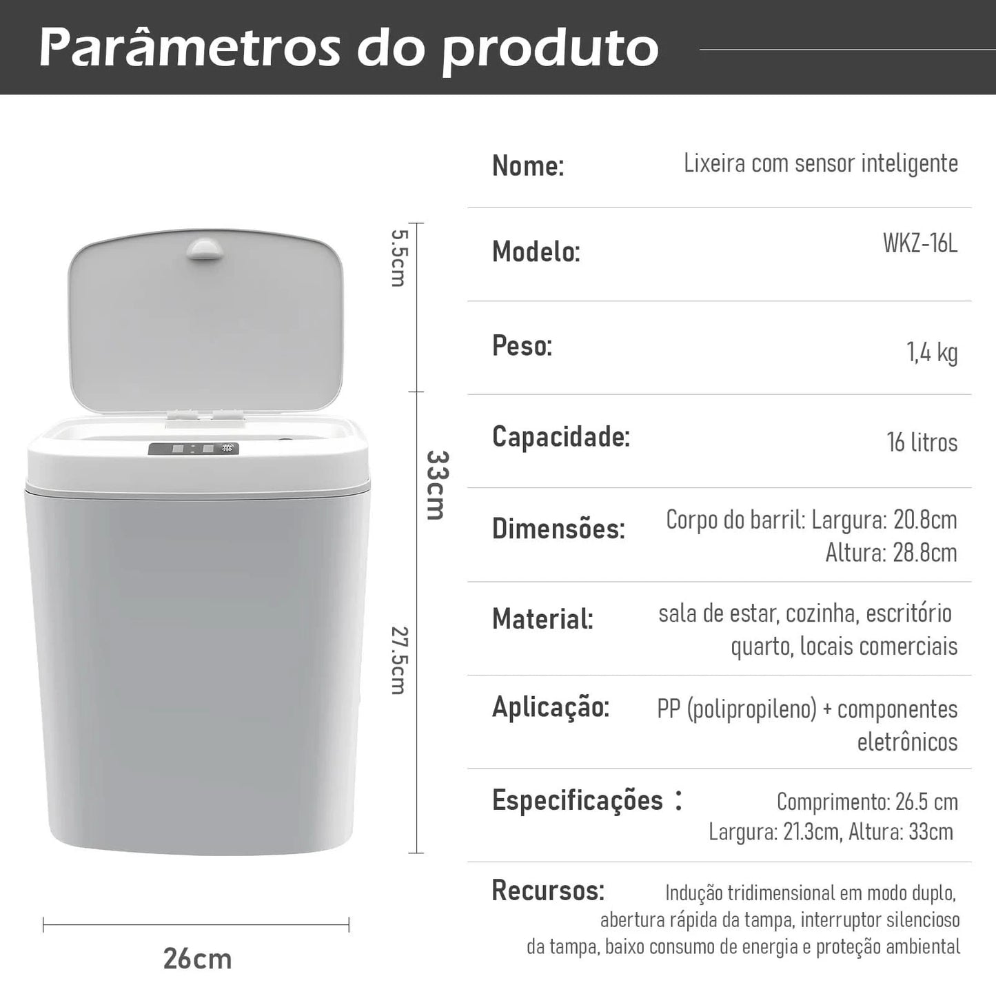 Lata de lixo sensor de toque automático lata lata de lixo plástico cozinha latas sala estar capacidade do agregado familiar