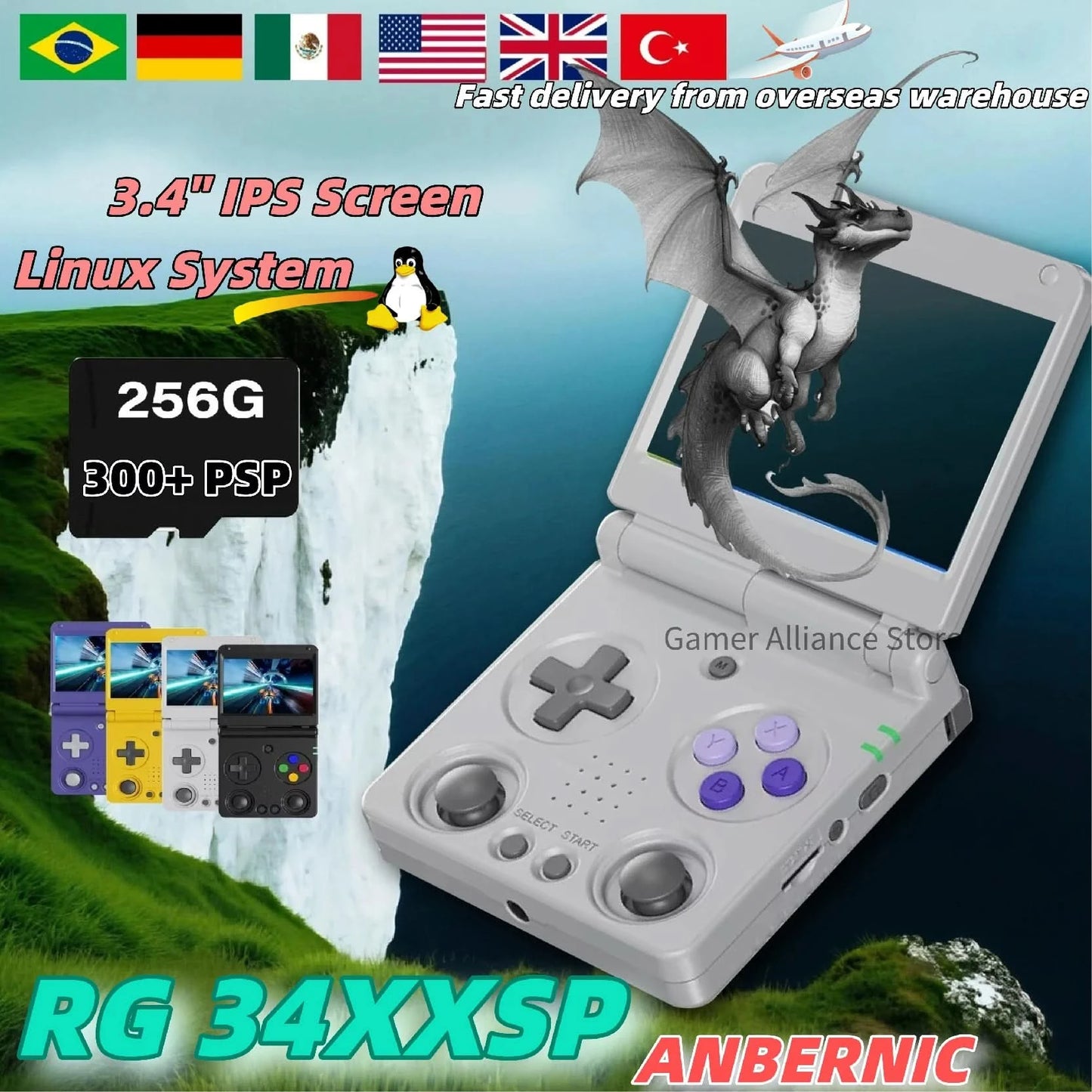 ANBERNIC RG34XXSP Flip Handheld Console 3.4'' IPS Screen Linux 64-bit H700 Supports 5G WIFI Video Game Consoles  256G PSP Games