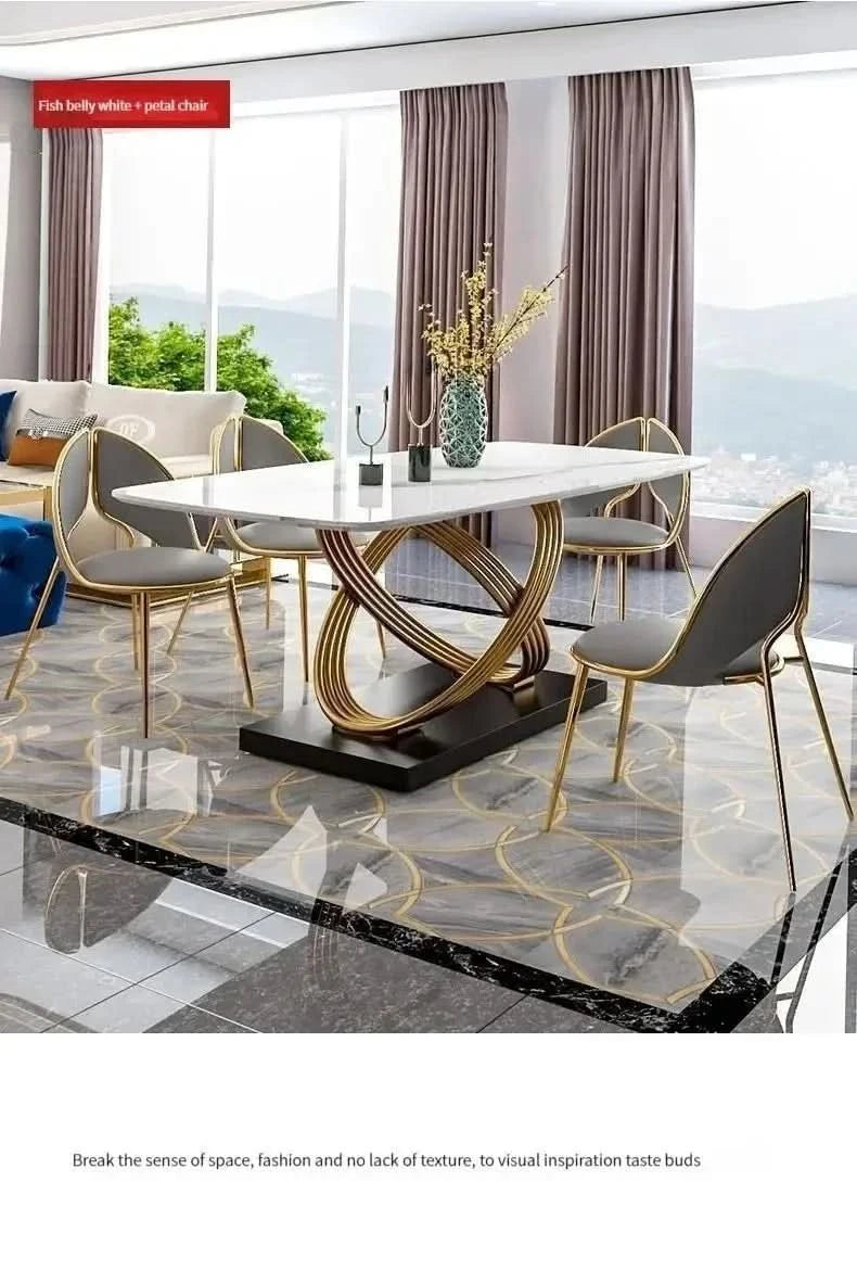 Modern Dining Table With Stainless Steel Finish Black White Desk Top For Six People Home Rectangle Luxury Marble Kitchen Table