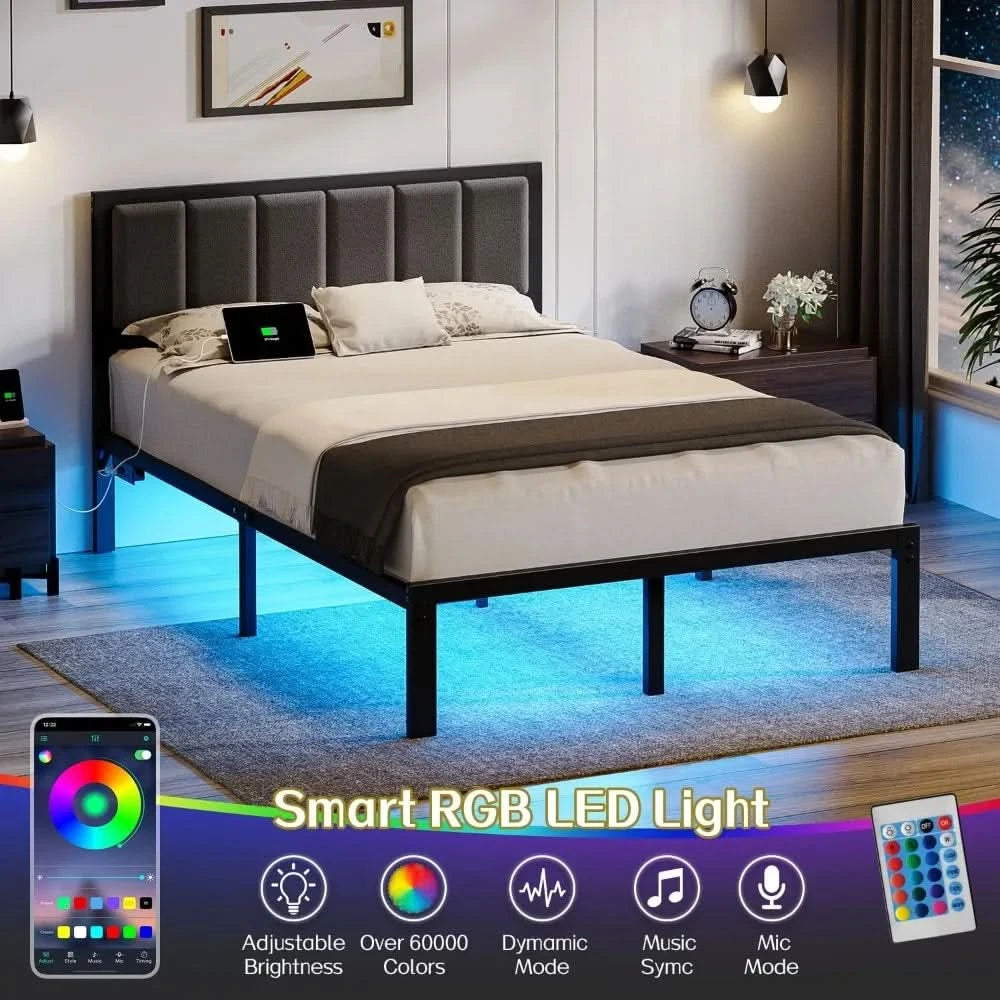 Bed Frame with Headboard Metal Platform Bed with USB Charging Station and LED Lights, No Box Spring Needed Customized