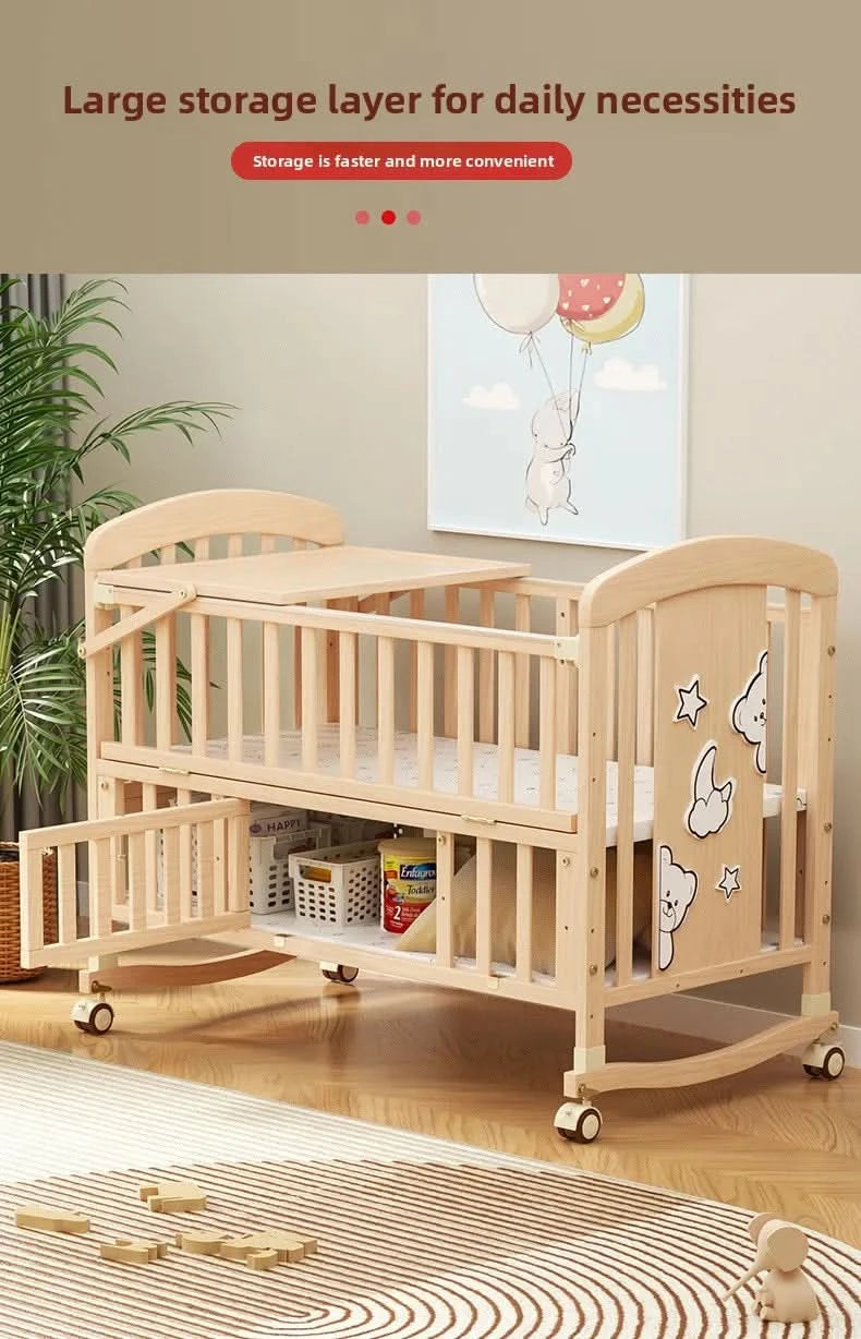 Baby Comfortable Sleeping Bed Solid Wood Newborn Baby Bed Multifunctional Baby Rocking Bed with Wheels and mosquito net