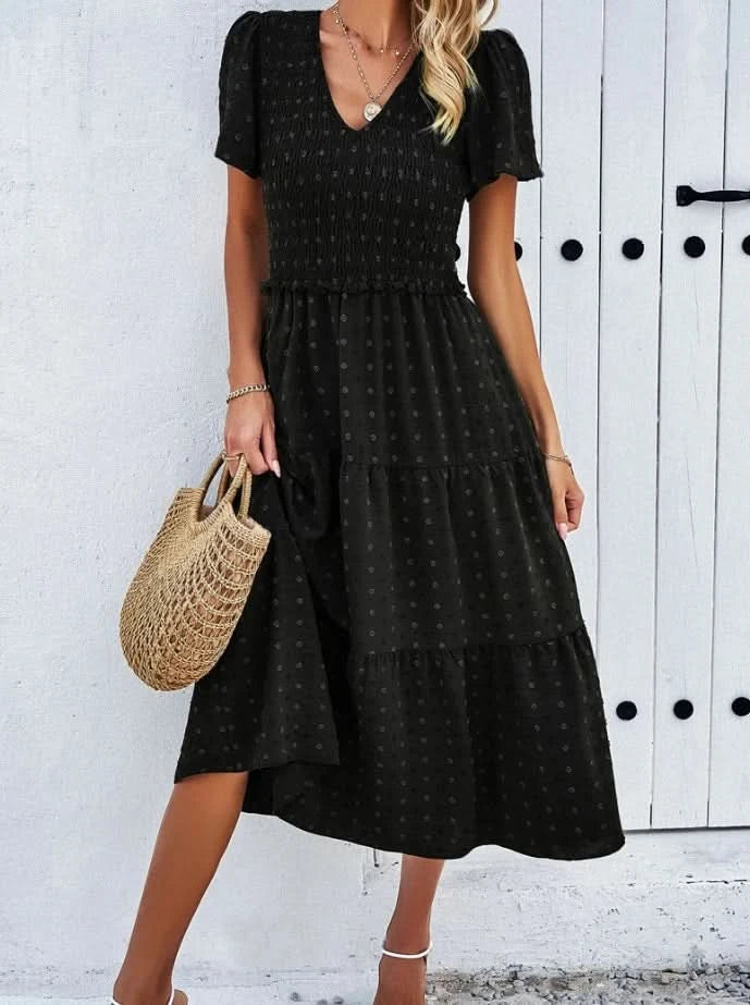 Women's Casual Solid V-Neck Short Sleeve A-Line Dress Temperament Commuting Summer New Fashion Women Clothes Pullover Dresses