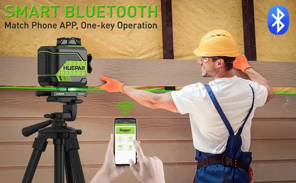 Huepar 16 Lines 4D Self-Leveling Laser Level 4x360°Cross Line Laser with LCD Screen Bluetooth & Remote Control 2x Battery Z04CG