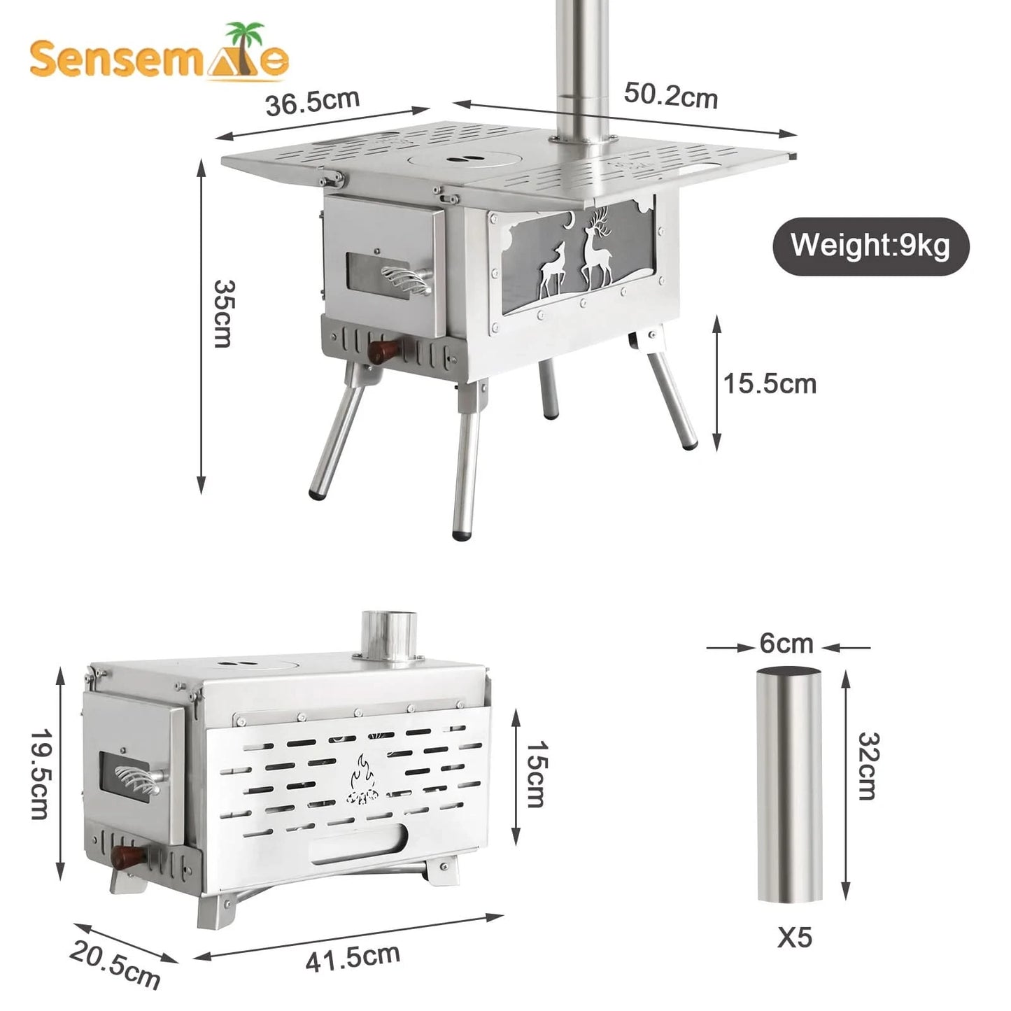 Camping Wood Stove Fire View Side Glass Portable Folding Wood Burner with Chimney Stainless Steel Tent Heater for Ice Fishing