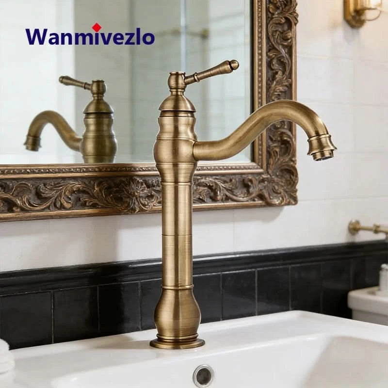Bathroom Basin Sink Faucet Mixer Tap Single Handle Single Hole Brass Hot/Cold Water Palace Style Deck Mount Retro Faucet