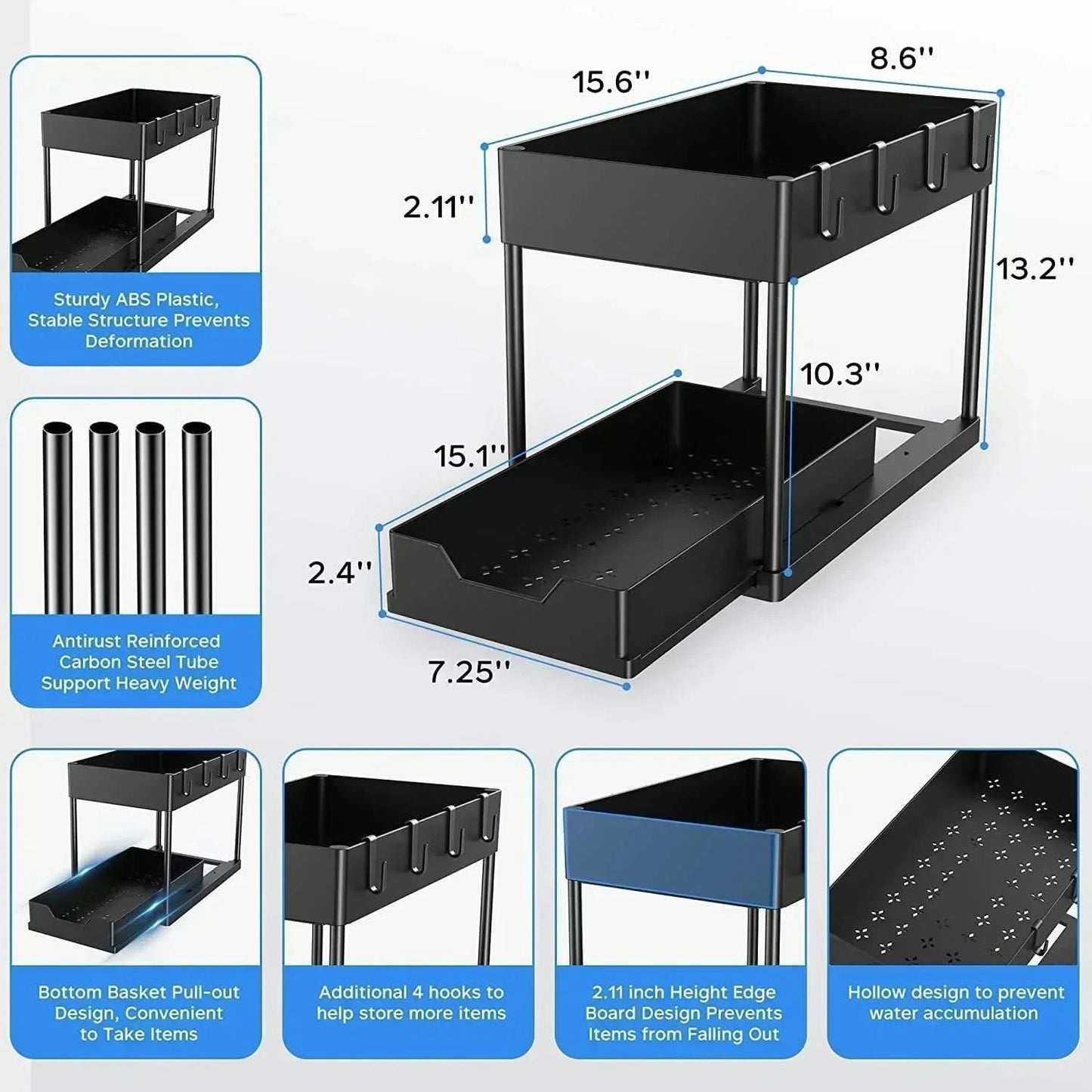 Two-level Pull-down Sink Shelving Sliding Cabinet Basket Shelving Storage Shelf Hanging Cup Bathroom Kitchen Shelving