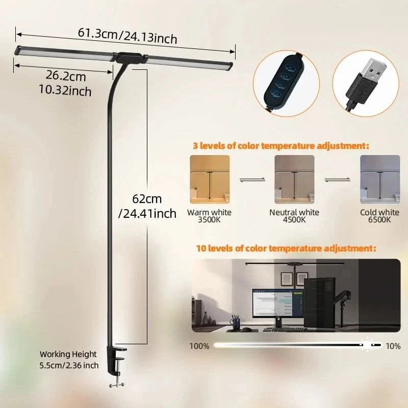 Clip Table Lamp Led Monitor Light Stand USB 3 Color Modes and 10 Dimmable Reading Lights for Study Office Double Head Desk Lamp