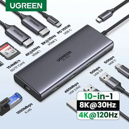 UGREEN Dual HDMI USB-C HUB 8K 4K HDMI Adapter 10-in-1 Splitter mit RJ45 USB3.0 PD 100W Dock für MacBook Pro Air Laptop USB HUB