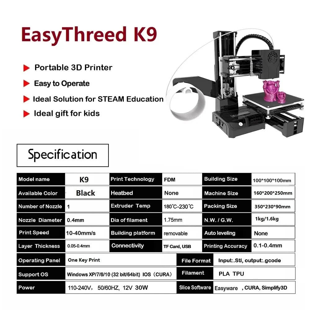 Easythreed Mini 3D Printer K9 Easy Use One-click Print Mainboard Magnetic Build Platform Desktop Printer K7 Beginner Kids Gift