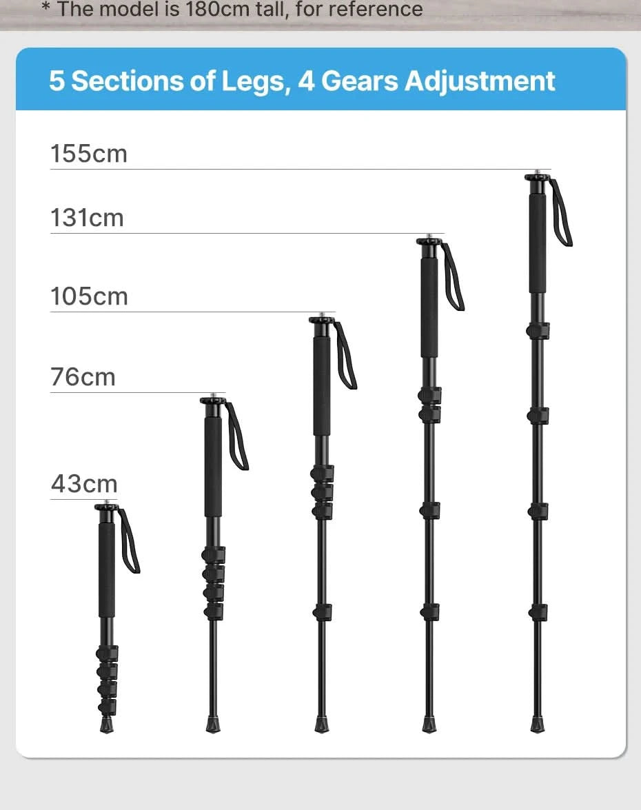 Ulanzi Lightweight Monopod Aluminium DSLR Camera Tripod for  1/4''3/8'' Hiking Travel Selfie Stick Max 155cm Extend 5KG Load