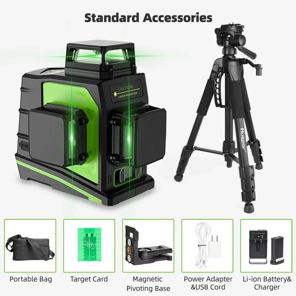 Huepar 12 Lines 3D Cross Line Laser Level Kit Osram Self-Leveling Green Beam 360° Vertical Horizontal With Laser Receiver Tripod