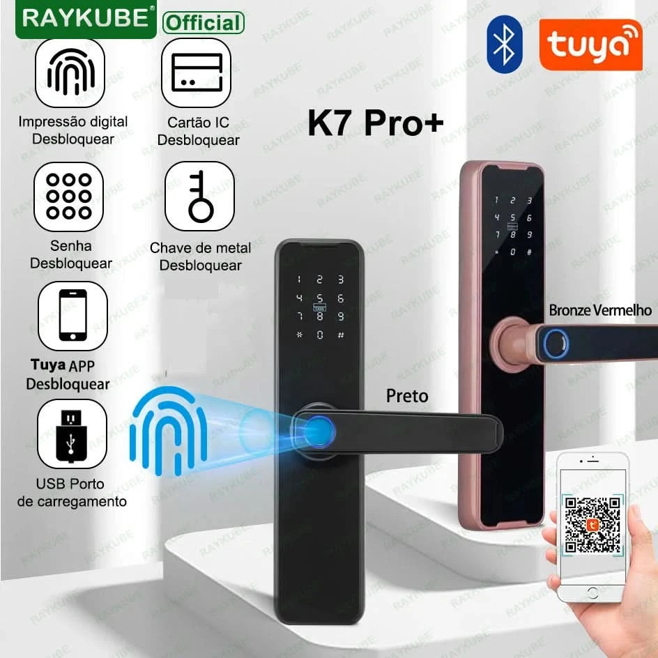 Do Brasil RAYKUBE Black K7 Pro+ Tuya Bluetooth Biometric Fingerprint Door Lock Smart Digital Lock Tuya App Unlock Keyless Lock