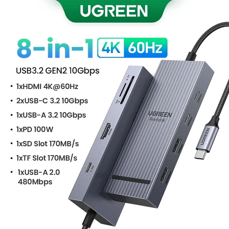 UGREEN Dual HDMI USB-C HUB 8K 4K HDMI Adapter 10 in 1 Splitter with RJ45 USB3.0 PD 100W Dock for MacBook Pro Air Laptop USB HUB
