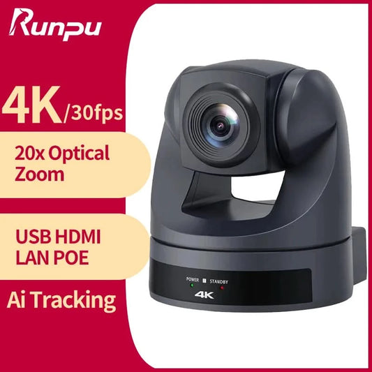 Runpu 4K30fps 20X Optical Zoom AI-Tracking Ptz NDI Camera HDMI LAN POE Live Streaming Broadcast Video Conference System Camera