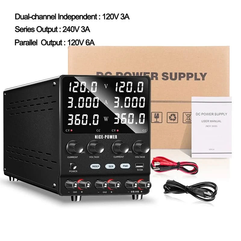 NICE-POWER 30V 10A Dual-Channel DC Lab Power Supply 60V 120V 240V Double Bench Power Source Positive & Negative Voltage Output