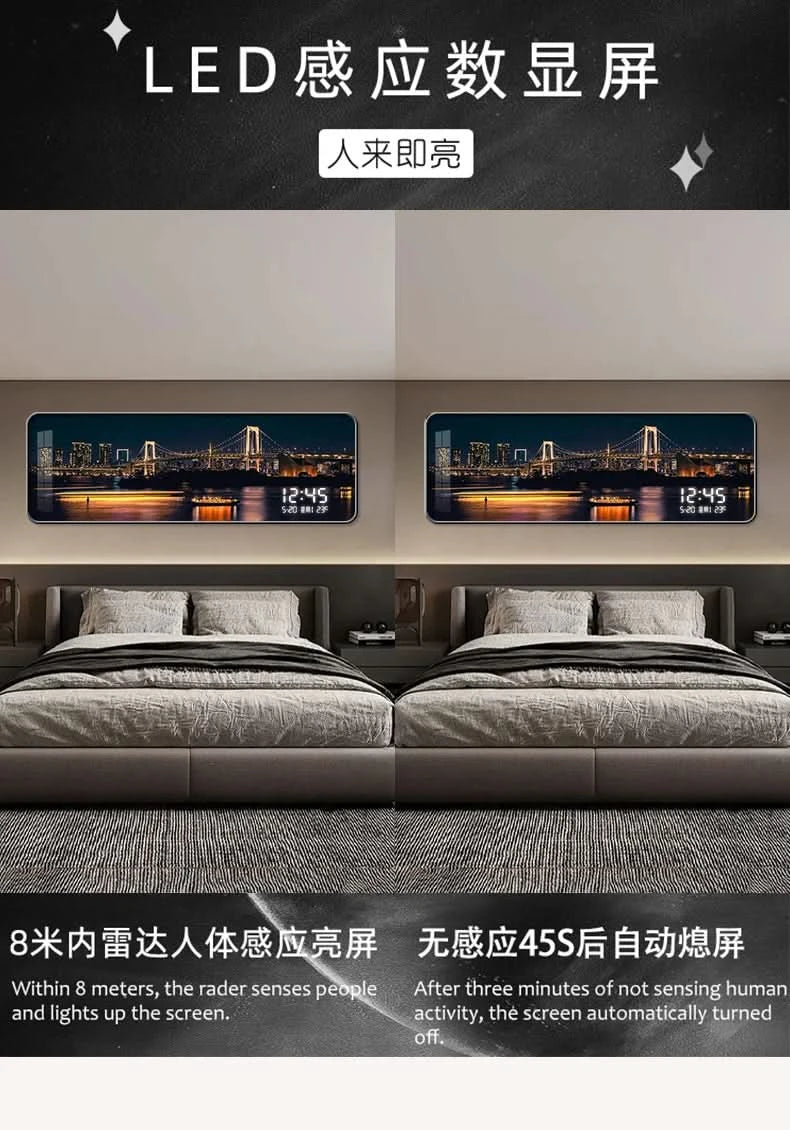 Modern Urban Night Scene Bedroom Bed Head Hanging Art Electronic Clock Landscape Architecture Living Room Sofa Background Wall D