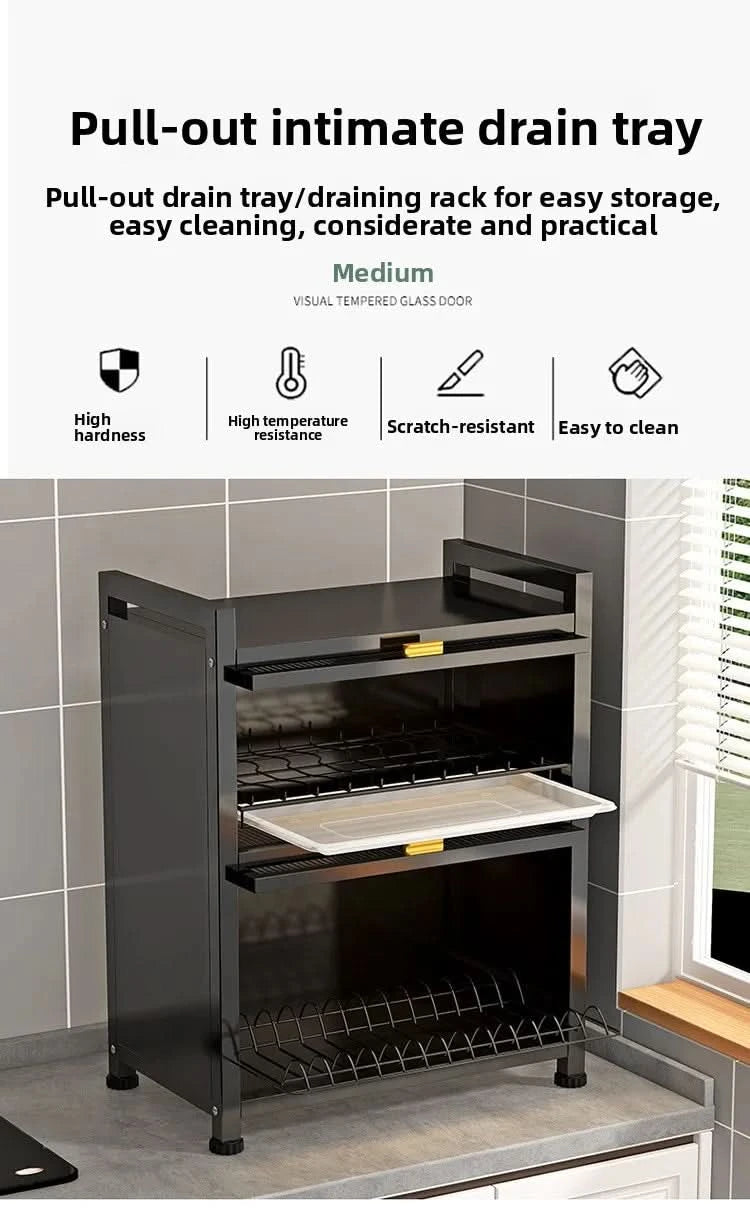 Kitchen cupboard storage box with door, dust-proof bowl rack, countertop, dish storage rack, chopsticks, dishes, drain rack