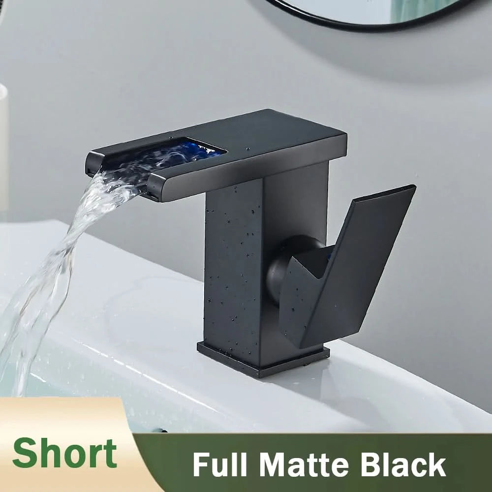 Rozin LED Bathroom Basin Faucet Black Waterfall Sink Faucets Hydroelectric LED Deck Mounted Crane Hot Cold Water Mixer Tap