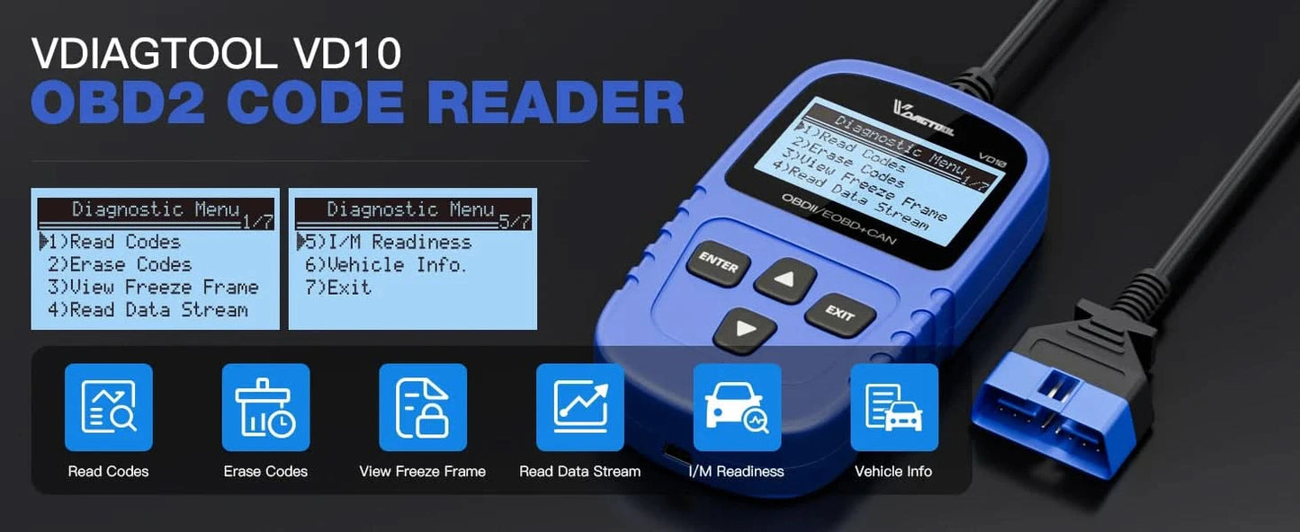 VDIAGTOOL VD10 OBD2 Scanner Diagnostic Tool Automotive Scanner With I/M Readiness Code Reader Check Engine Lifetime Free Update