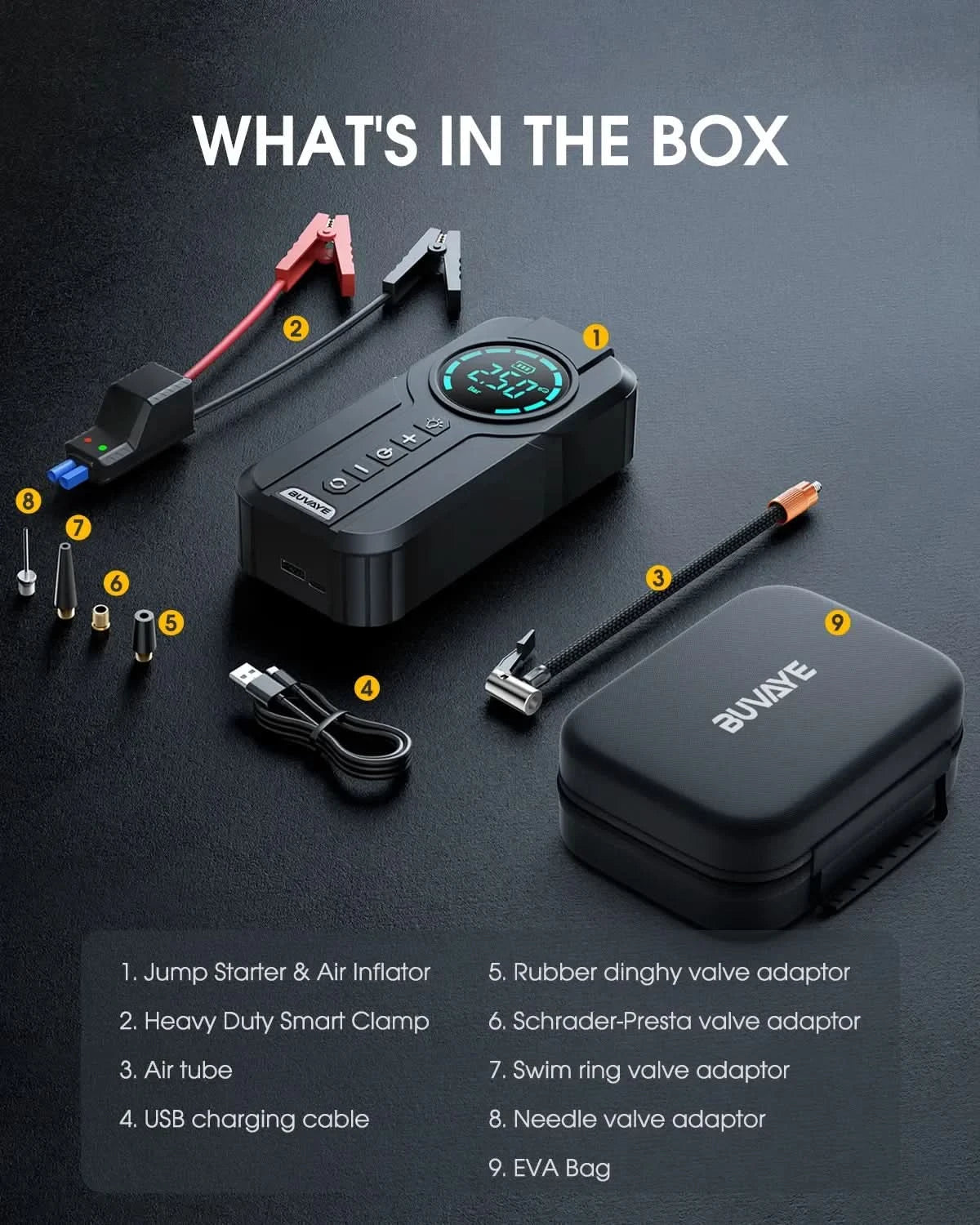 BUVAYE Car Multi-function Air Compressor Jump Starter Air Pump Convenient Tire Inflator Portable Battery Starter With EVA Bag