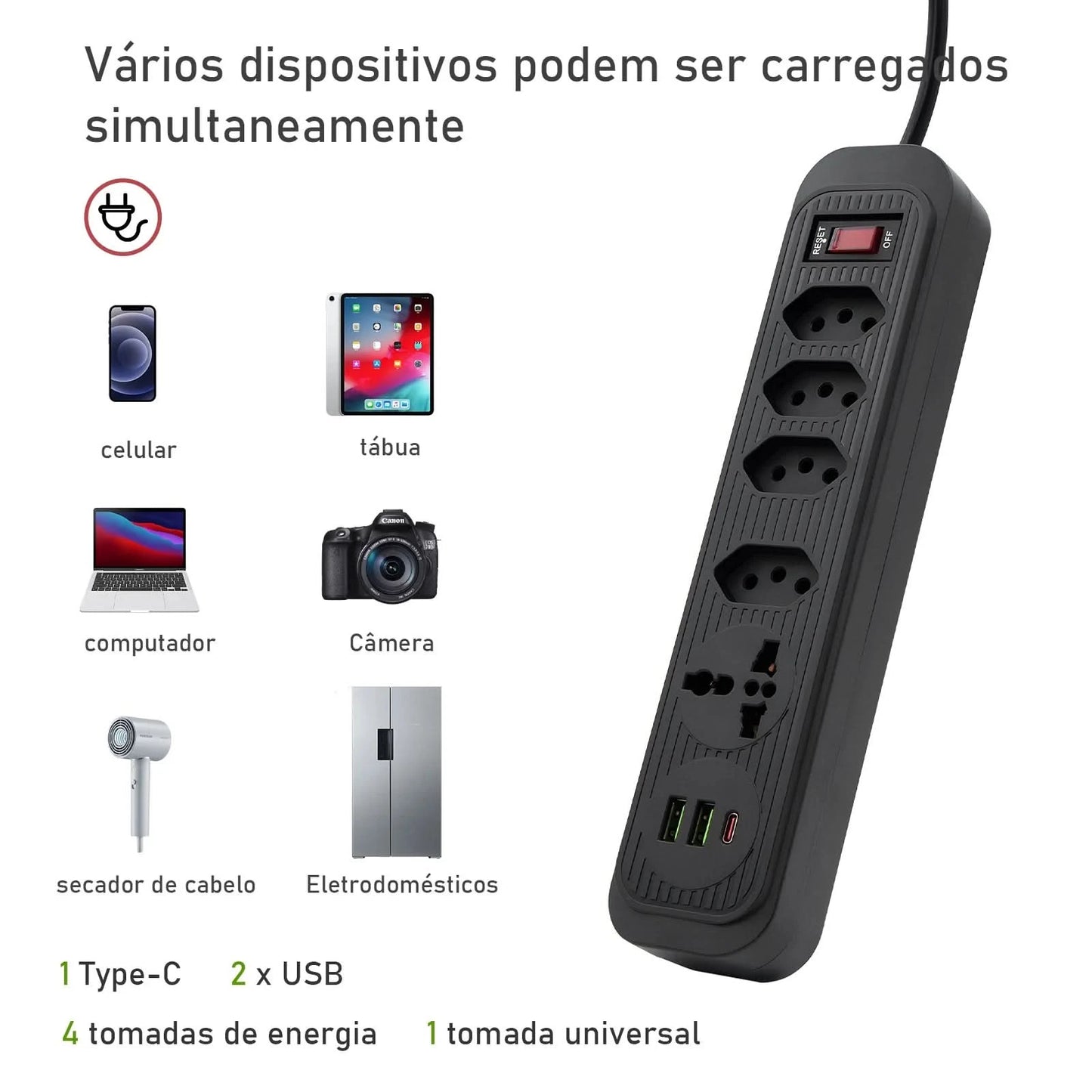 Extensão De 4 Tomadas Com 3 Usb Branco Bivolt 2 Metros Preto, Extensão Tomada,Suporte a Tensão de 110-220V, Potência de 2500W，