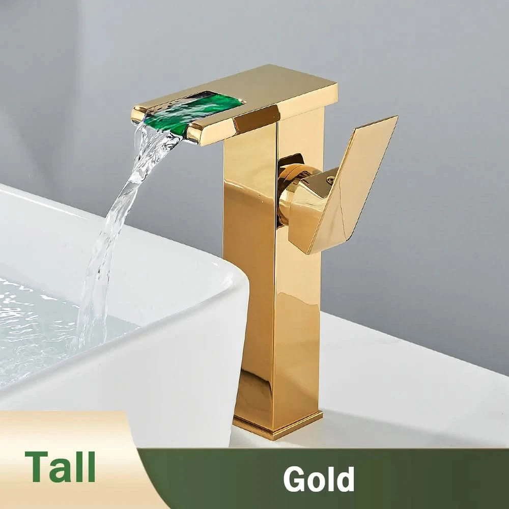Rozin LED Bathroom Basin Faucet Black Waterfall Sink Faucets Hydroelectric LED Deck Mounted Crane Hot Cold Water Mixer Tap