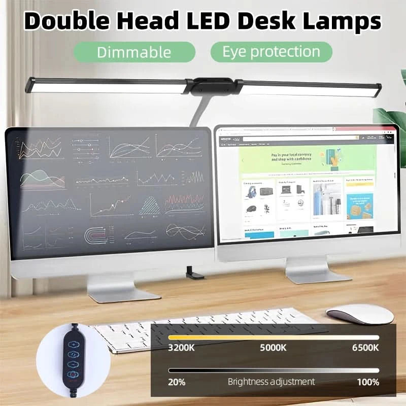 Clip Table Lamp Led Monitor Light Stand USB 3 Color Modes and 10 Dimmable Reading Lights for Study Office Double Head Desk Lamp