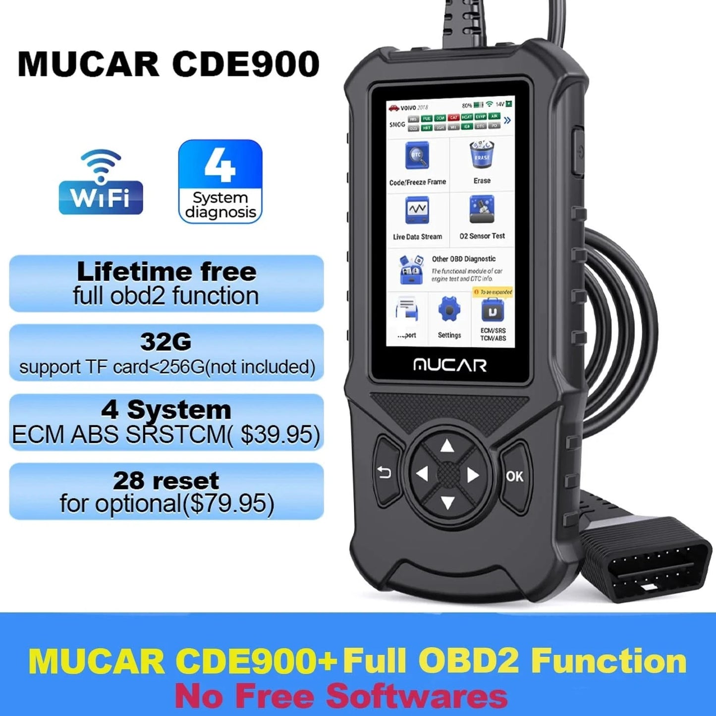 MUCAR CDE900/cde900 Pro OBD2 Diagnostic Tool 32GB Scanner Brake Airbag Transmission Engine Diagnosis Code Reader