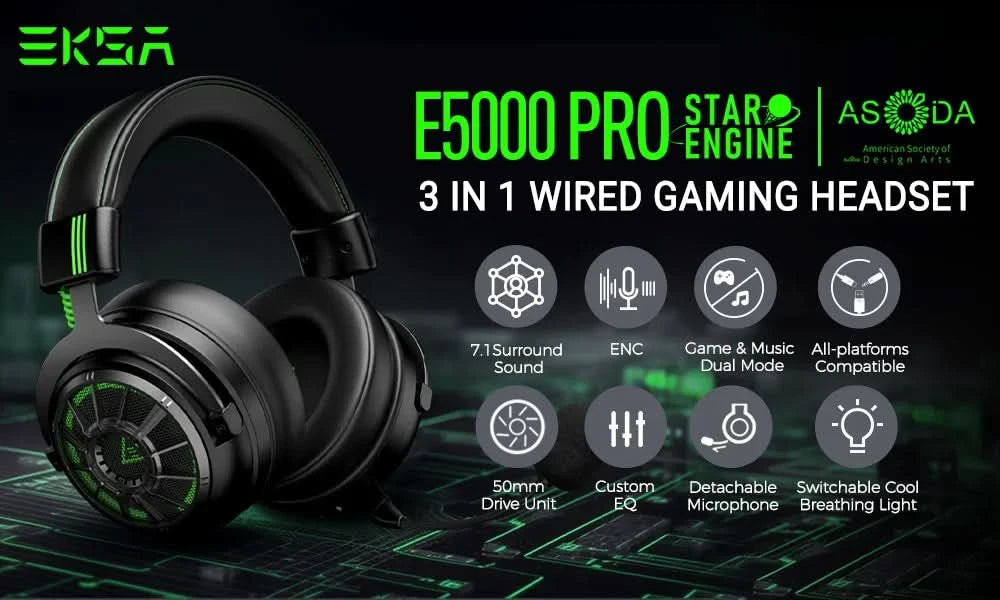 EKSA StarEngine Pro Gaming Headset Gamer 7.1 Wired Over Ear Headphones with ENC Noise Cancelling Microphone For PC/PS4/PS5/Xbox