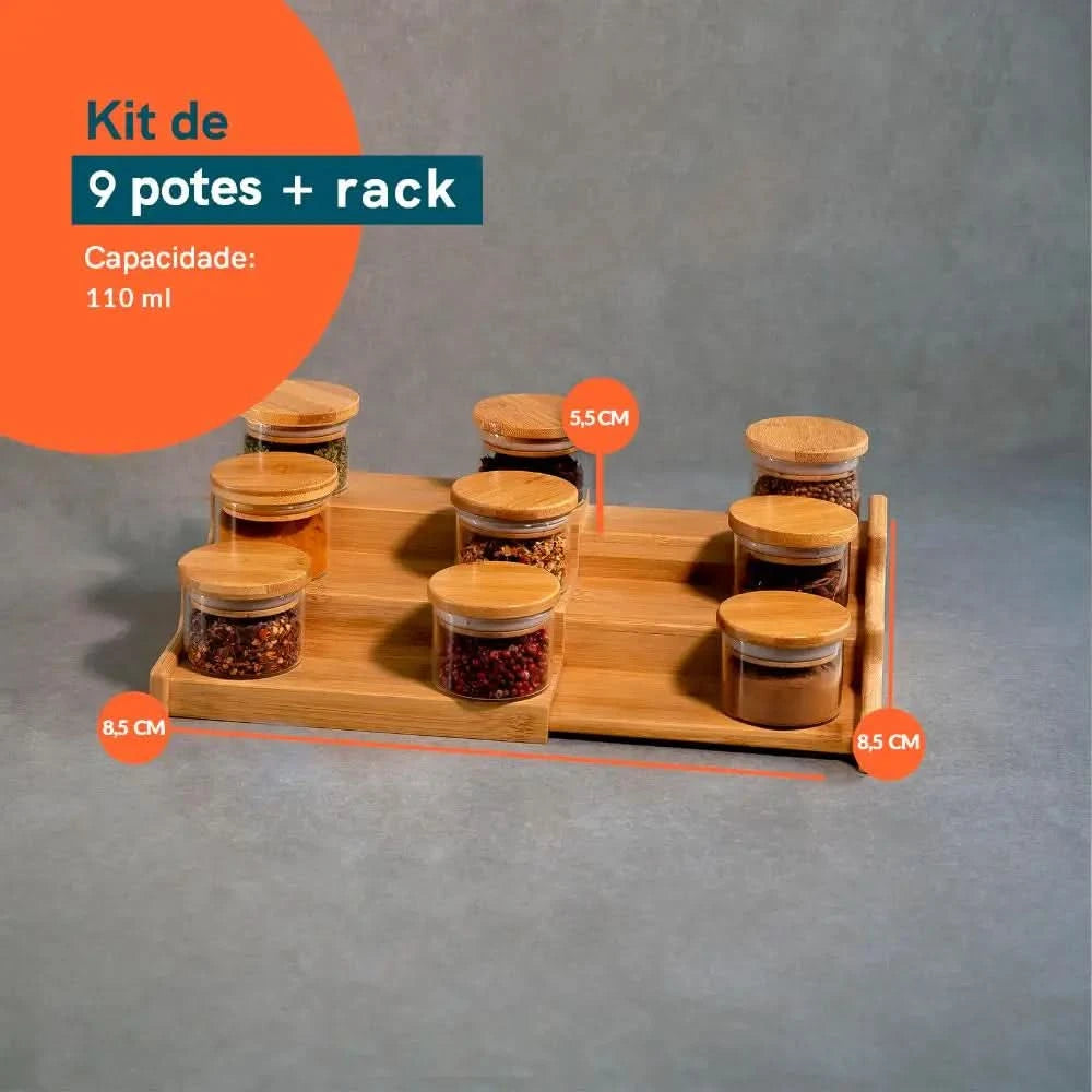 110 ml luftdichtes 9-er Set mit Bambusdeckel und Bambus-Organizer-Rack – Oikos