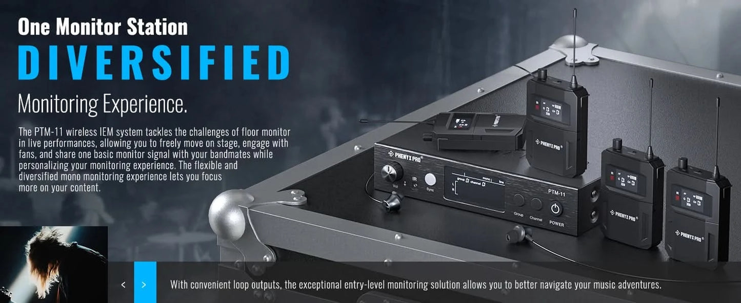 UHF Mono Wireless In-Ear Monitor System w/1 Loop Output,Separate Outputs Suitable for Band and Studio Phenyx Pro PTM-11