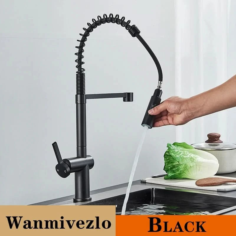 Brushed Nickel Spring Pull Down Kitchen Faucets Stream Spray Head Hot Cold Water Tap Brass Rotation Kitchen Mixer Tap Crane