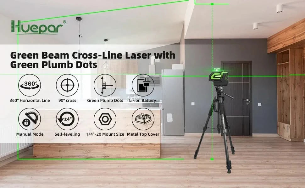 Huepar 7211CG Grüner Kreuzlinienlaser selbstnivellierend 2 Lotpunkte Li-Ionen-Akku 360° Horizontale Linie Fächerwinkel-Laserwerkzeug