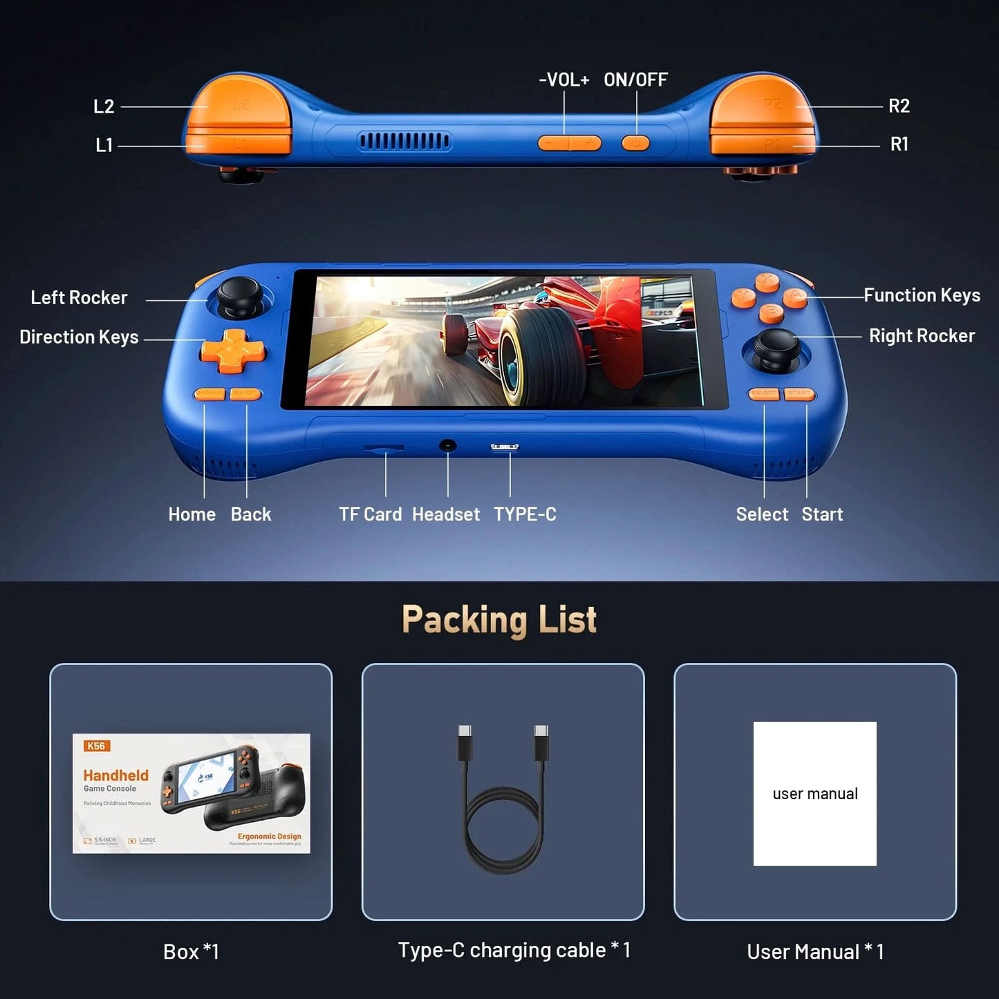 KINHANK K56 Handheld Game Console 5.5'' Touch Screen 50 Emulators for Android 14 PS1/PSP/DC/SS 5000mAh WIFI5 Retro Game Player