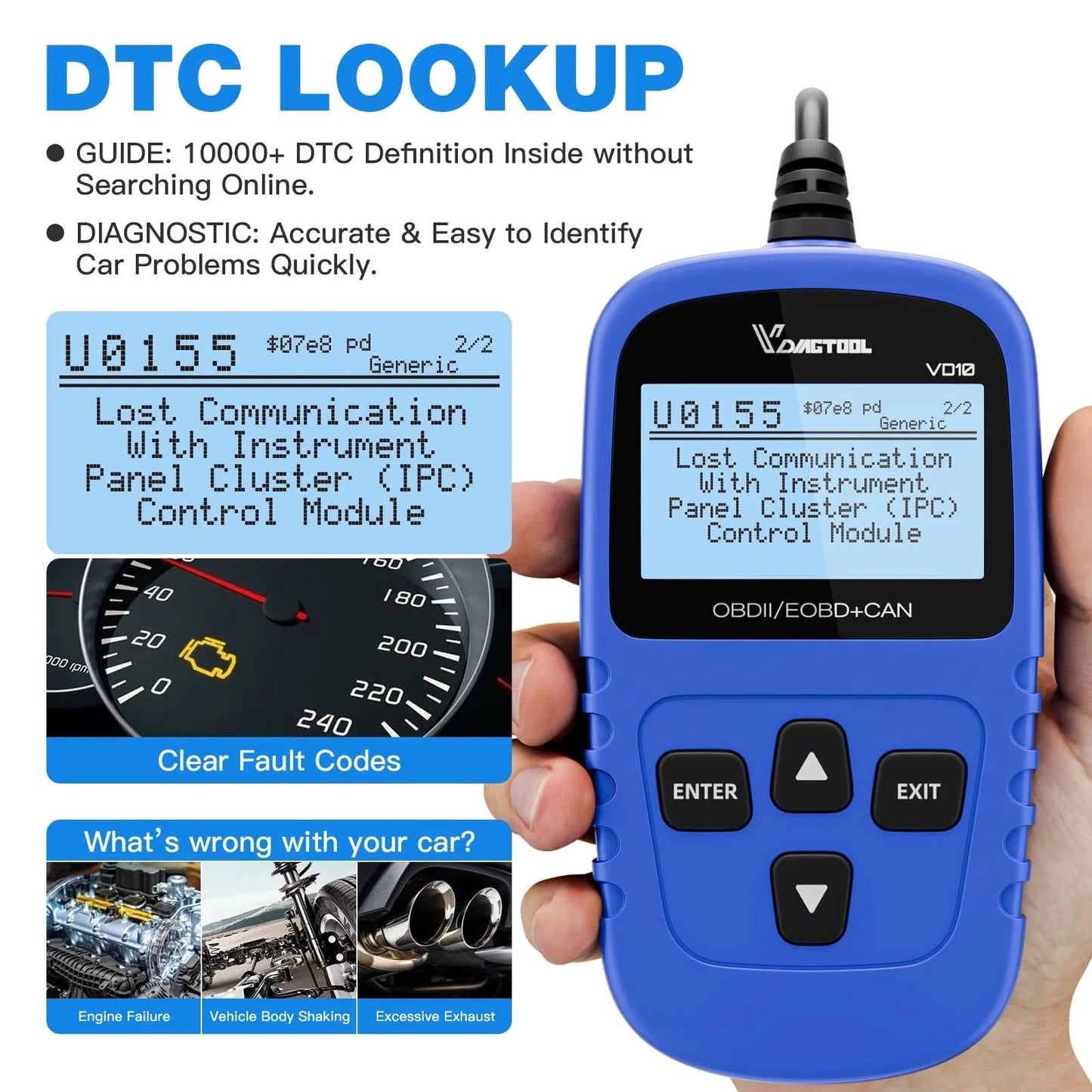 VDIAGTOOL VD10 OBD2 Scanner Diagnostic Tool Automotive Scanner With I/M Readiness Code Reader Check Engine Lifetime Free Update