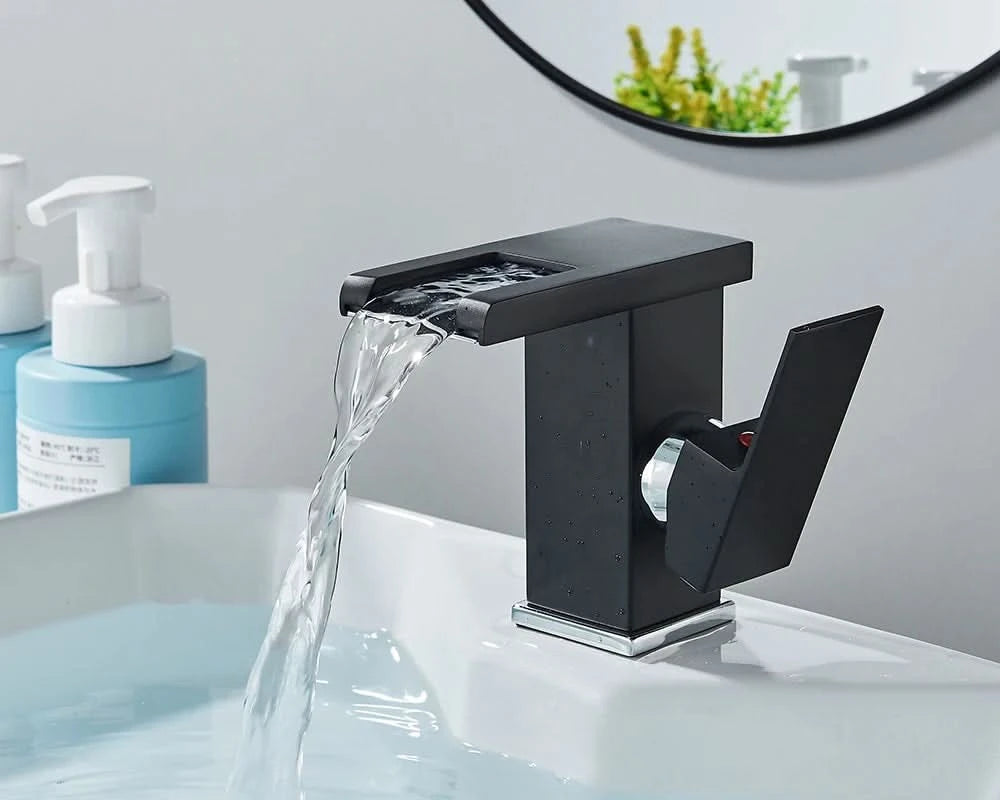 Rozin LED Bathroom Basin Faucet Black Waterfall Sink Faucets Hydroelectric LED Deck Mounted Crane Hot Cold Water Mixer Tap