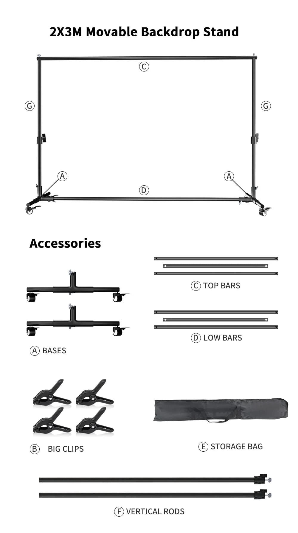 SH 2X2M / 2X3M Background Stand With 4pcs Wheels And 4pcs Fish Clips Photography Backdrop Frame Support For Photo Studio