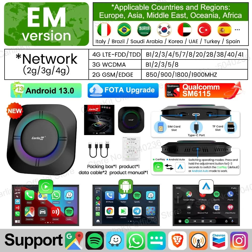CarlinKit S2 CarPlay Ai Box LED Android 13 Streaming Box 64G/128G Qualcomm 8-Core Split Screen Car Intelligent System Play Video